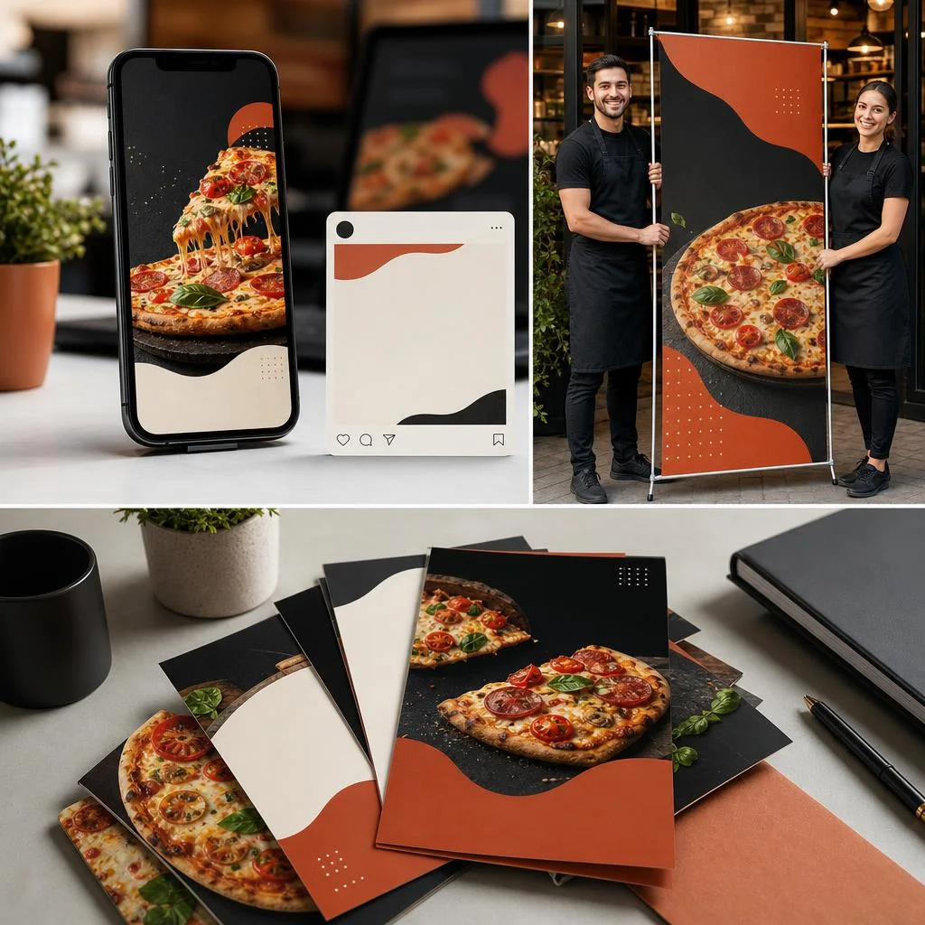 Créations marketing pour réseaux sociaux, flyers, hommes-sandwich et X-banner